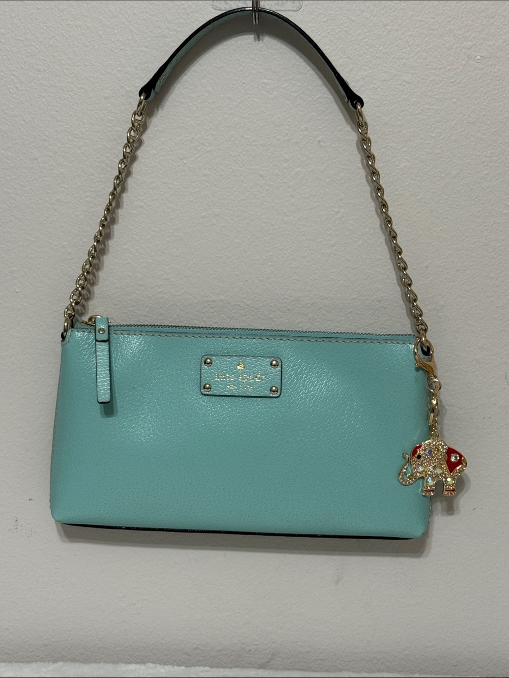 kate spade Seafoam Leather Chain-Handle Wristlet with Gold Charm